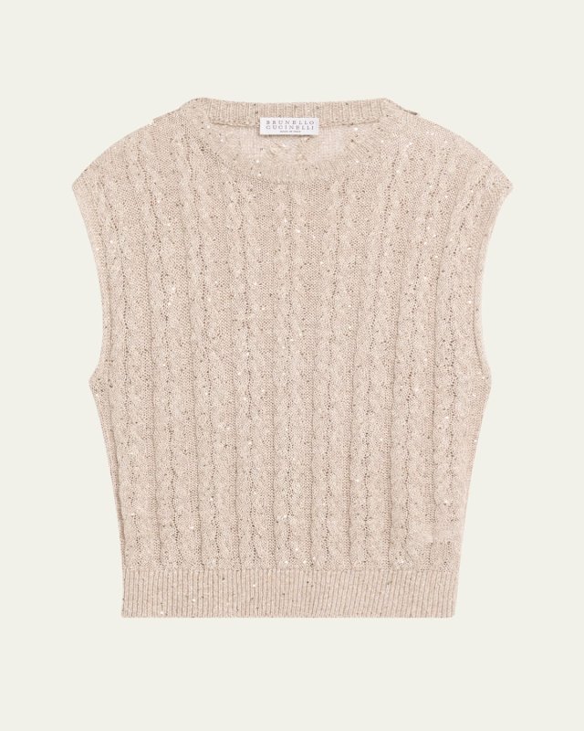 Linen Paillette Cable-Knit Sleeveless Sweat